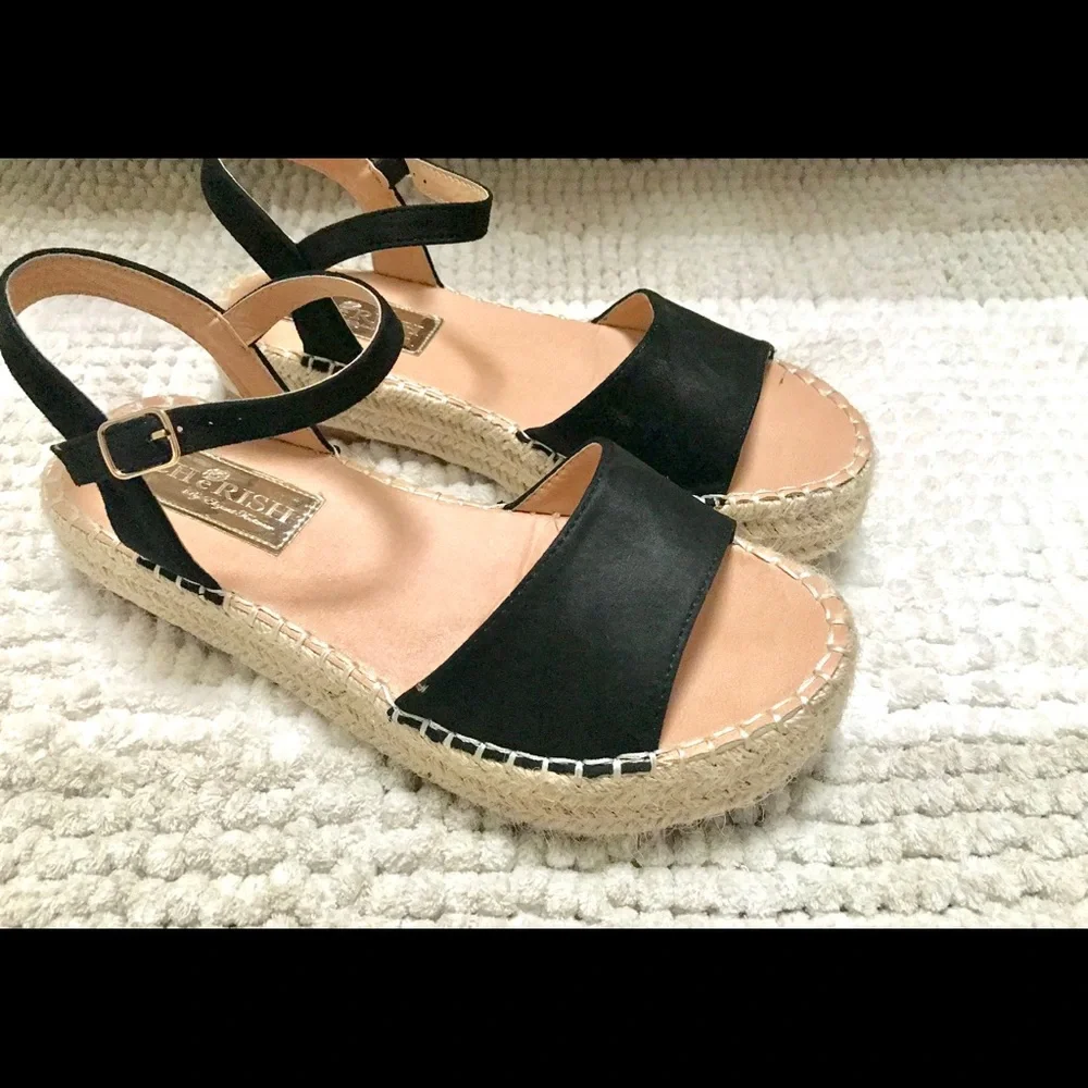 Cherish Espadrilles Heels Women size 9 Black Faux Suede Ankle Strap Open Toe